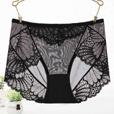 Spitzenunterwäsche für Damen, Übergröße, sexy, transparent, nahtlos, Netzstoff, Baumwolle, innerer Schritt, mittlere Taille, Dreieckshöschen