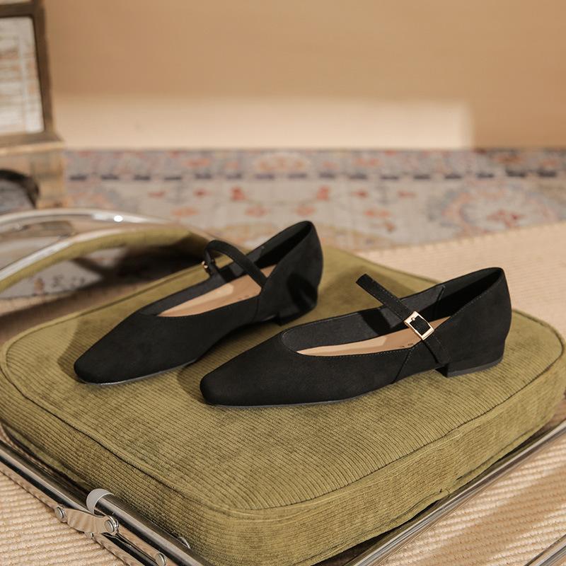 22303 flat shoes women's thick heel 2025 new square head one-word buckle with low heel leopard print light mouth splicing single shoe