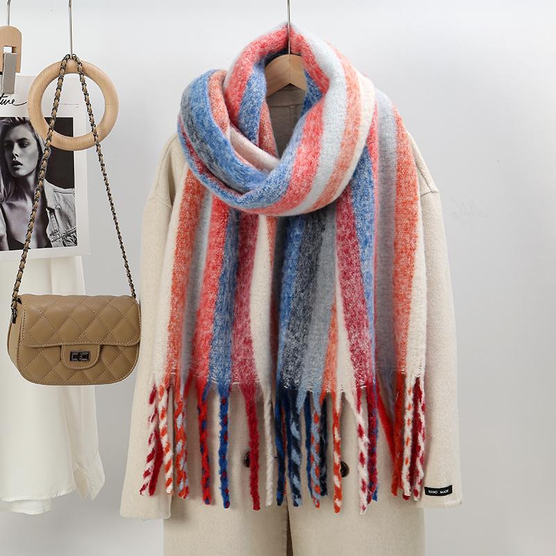 New Colorful Striped Cashmere Scarf Women Winter Warm Scarves Thickened Rainbow Tassel Neck Shawl Versatile Female Muffler