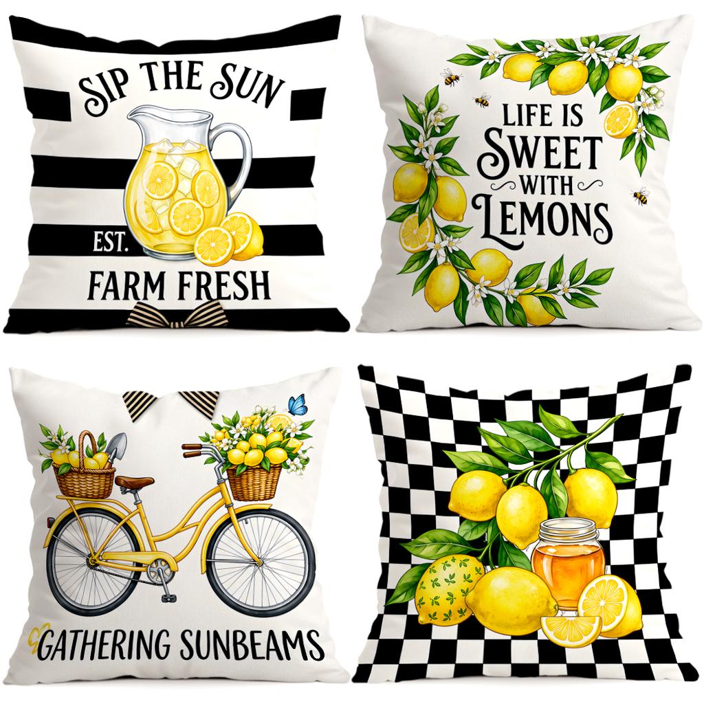 1/4pcs Plaid Striped Farm Lemon Pattern Cushions Pillowcase Polyester Cushion Cover Throw Pillow Pillowcover Home Car Sofa Decor