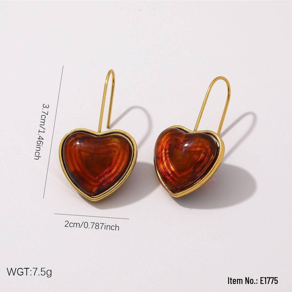 Vintage Amber Gradient Flower & Heart Stainless Steel Stud Earrings with Sun Pattern