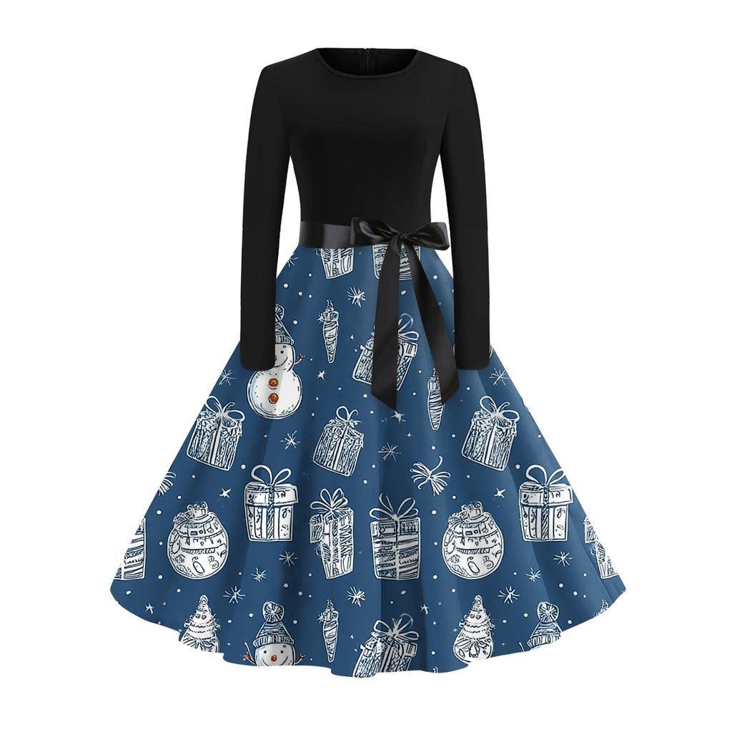 Women's Fashionable And Elegant Autmn And Winter Long-sleeved Round Neck Christmas Print Dress