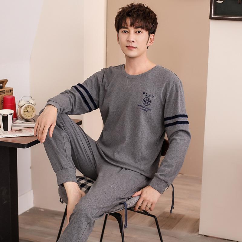 Pajamas men's autumn long-sleeved pure cotton fashion letters men's casual sports cotton loungewear suit can be worn outside