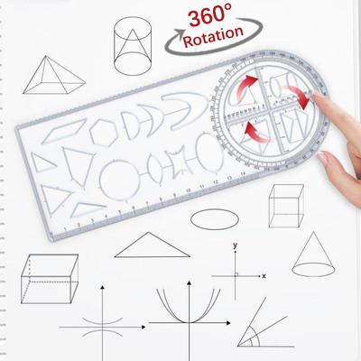 1Pcs Multi Functional 360 ° Movable Geometric Drawing Ruler For Primary School Mathematics Students Portable Transparent 3D Flat