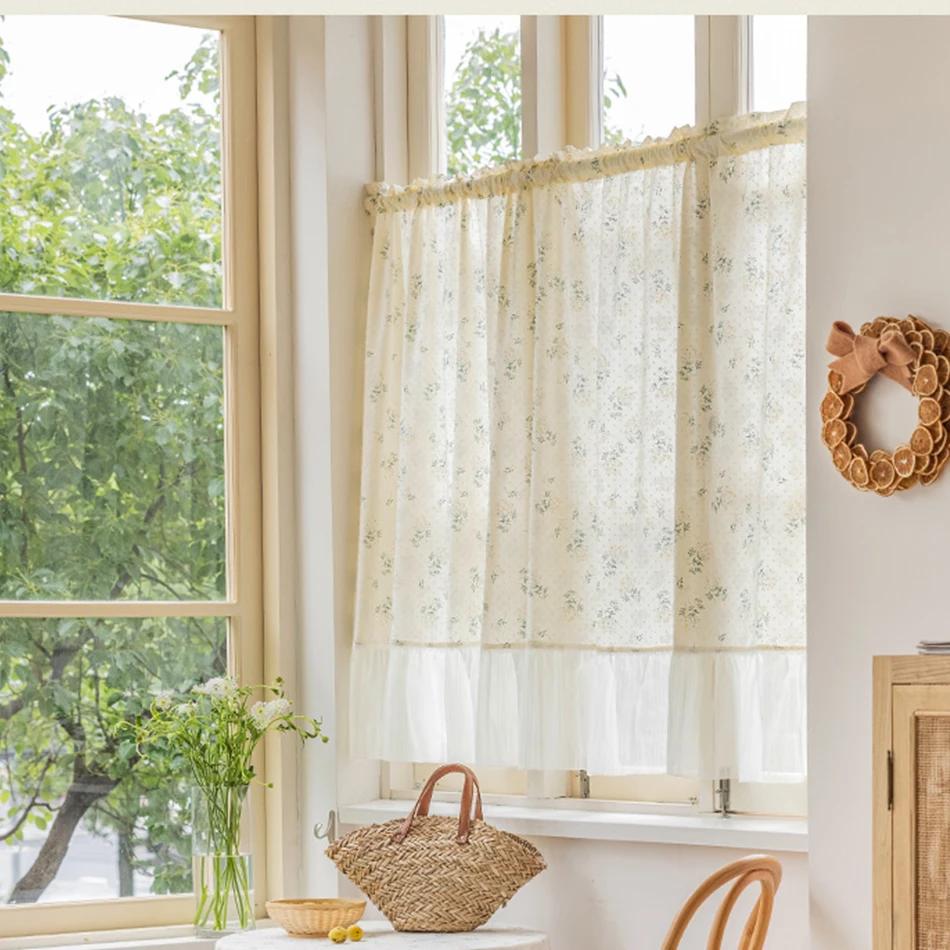 Französische Chiffon-Gardinen mit Rüschen, Kurzgardinen, Stangendurchzug, Florale Halbgardinen, Küche, Café, Wohnzimmer, Erkerfenster, Schrankvorhang