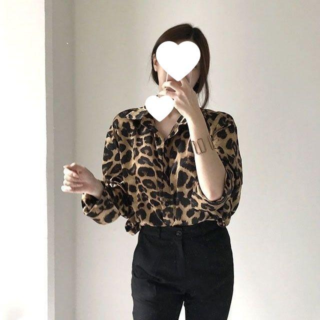 Damen Retro Leopardenmuster Langarm Revershemd