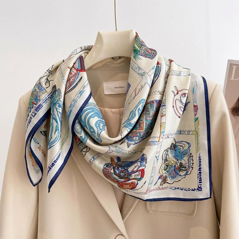 Elegant Chinese style blue magnolia silk large square scarf shawl silk scarf female gift mother mother mother-in-law elders