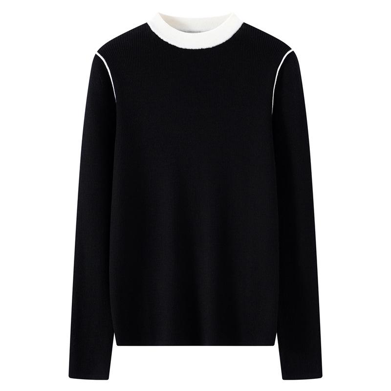 Women's Color-Block Knit Sweater, Long Sleeves, Fine-Spun Wool, French Style, Warm Base Layer for 2025 Autumn/Winter