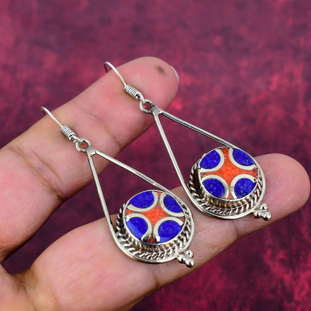 Lapis Lazuli 925 Solid Sterling Silver Earrings, Handmade Gemstone Nepali Earrings Jewelry, Gifts For Wife Brand New Earrings