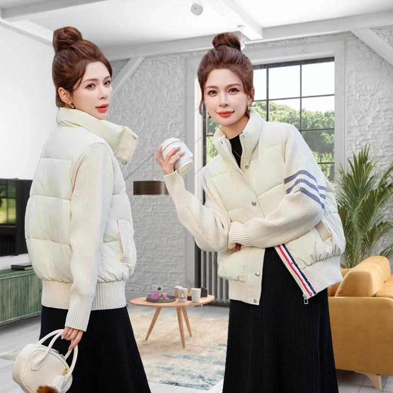 Knitted stand-up collar splicing cotton-padded clothes women's short high-end new fashion cotton-padded clothes splicing warm cotton-padded jackets