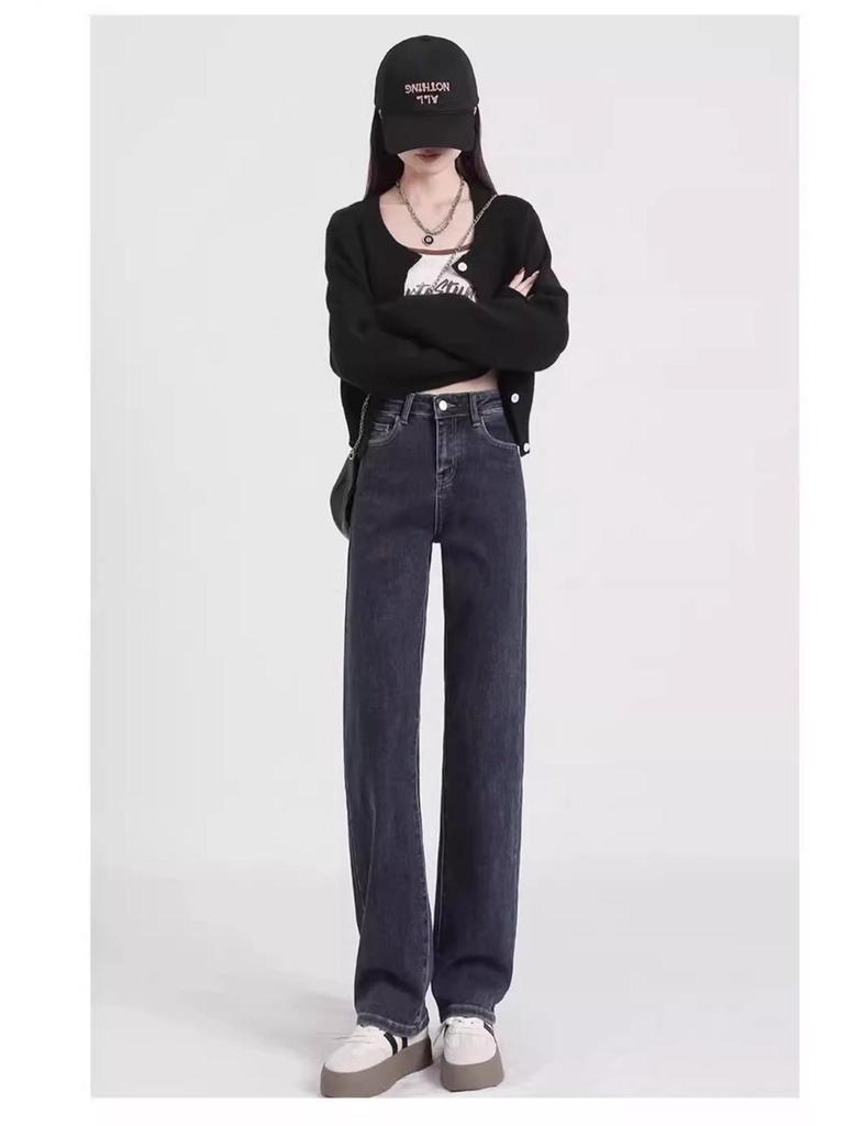 Women's 2025 High-Waist Plush Jeans - Small Size, Wide-Leg, Narrow Straight, Autumn/Winter Style