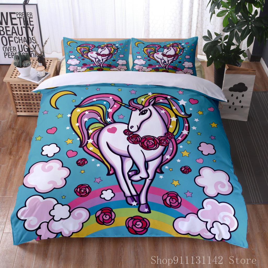 Magical 3D Cartoon Color Unicorn Print Bedding Set - Single/Double/Queen Sizes With Duvet Cover & Pillowcase
