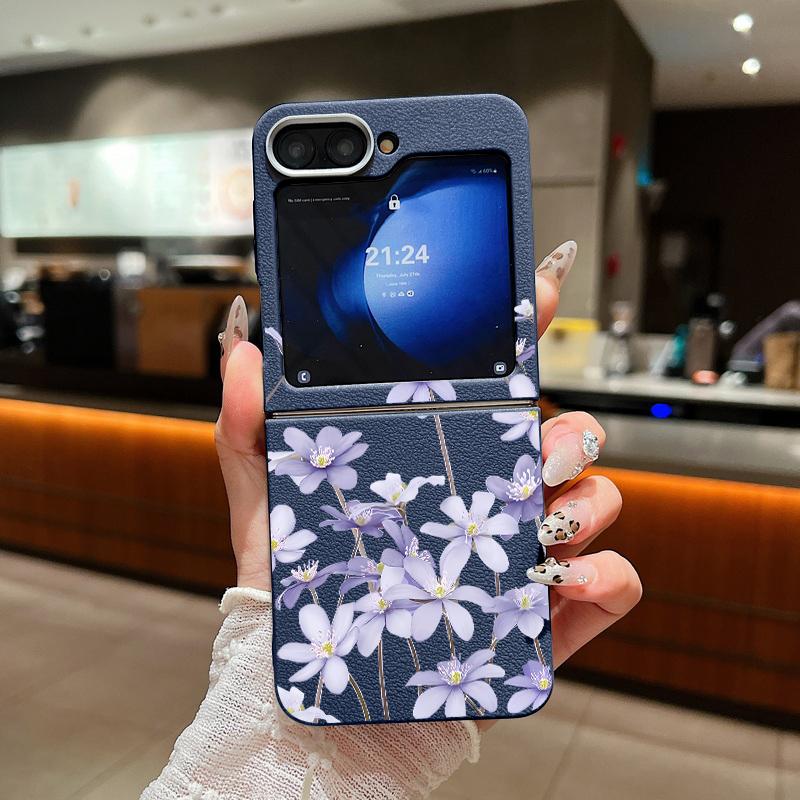 Leather Texture Soft TPU Folding Case For Samsung Galaxy Z Flip7 Flip6 Flip5 Flip4 Z Flip 7 FE 6 5 3 5G Plant Print Phone Cover