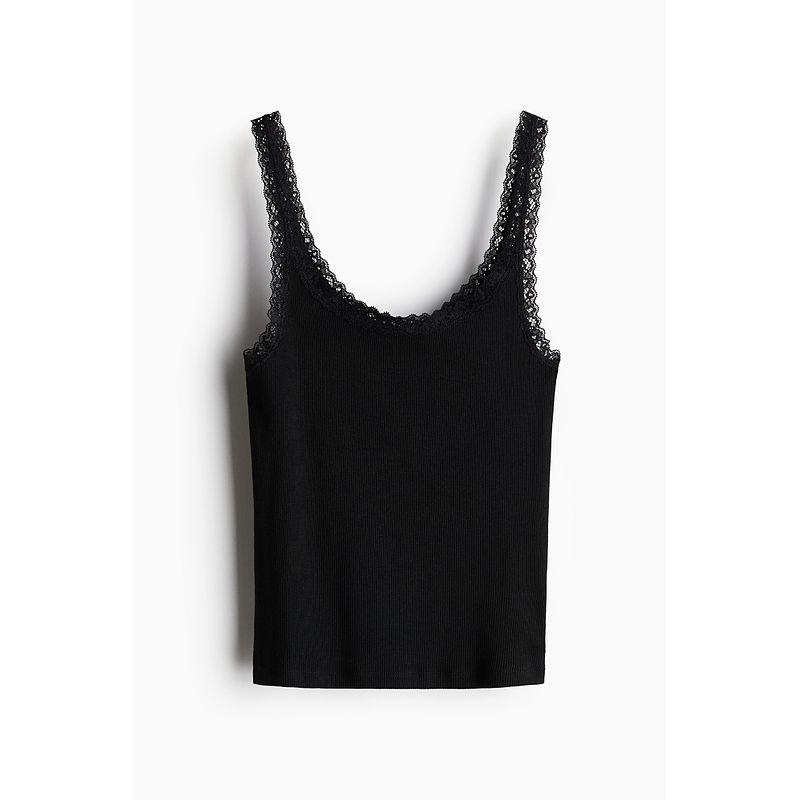 

HM Women clothes Sling 2025 Summer New Low round Neck American Slim fit Lace Edge Sleeveless Vest 1274285 Black 160/88(S)