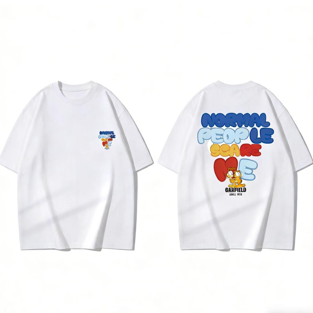 Garfield """Normal People Scare Me" T-Shirt mit Aufdruck vorne und hinten, Kurzarm, Amerikanischer Streetwear-Stil, Schwerer Baumwollstoff, Lockerer Schnitt, Oversized, Paar-Oberteil"""