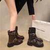 New Autumn Chunky Single Boots Women's Square Metal Belt Buckle Side Zipper Thick Sole Non-slip Mid-calf Boots