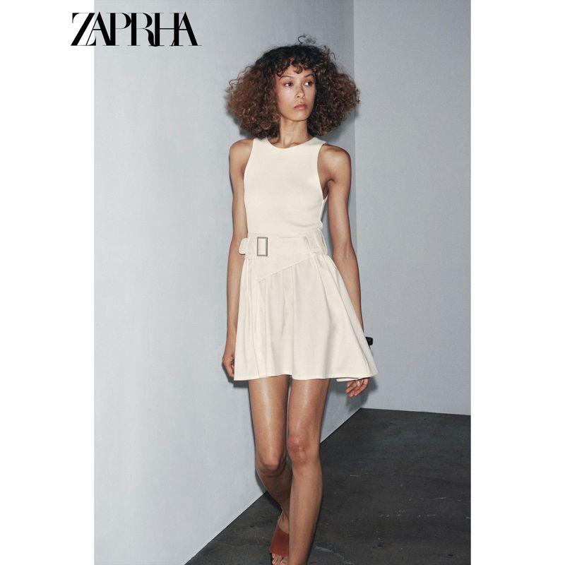 Zaprha 2025 Autumn New French style With Belt Twill Patchwork round Neck Sleeveless Short Dress 0264452