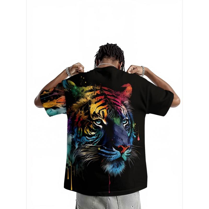 Men's Colorful Tiger 3D Printed T-Shirt Casual Short Sleeve Crewneck Top Splatter Watercolor Animal Graphic Tee Father's Day Gift Streetwear Fashion