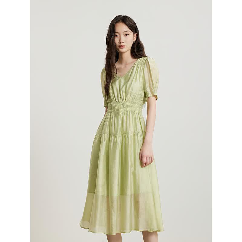 V-Neck A-Line Short-Sleeve Midi Dress S