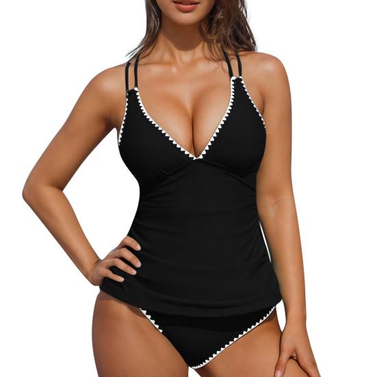 2Pcs/Set Women Tankini Set V Neck Ruched Tummy Control Tops High Waisted Bottoms Color Block Swimwear Summer Beachwear