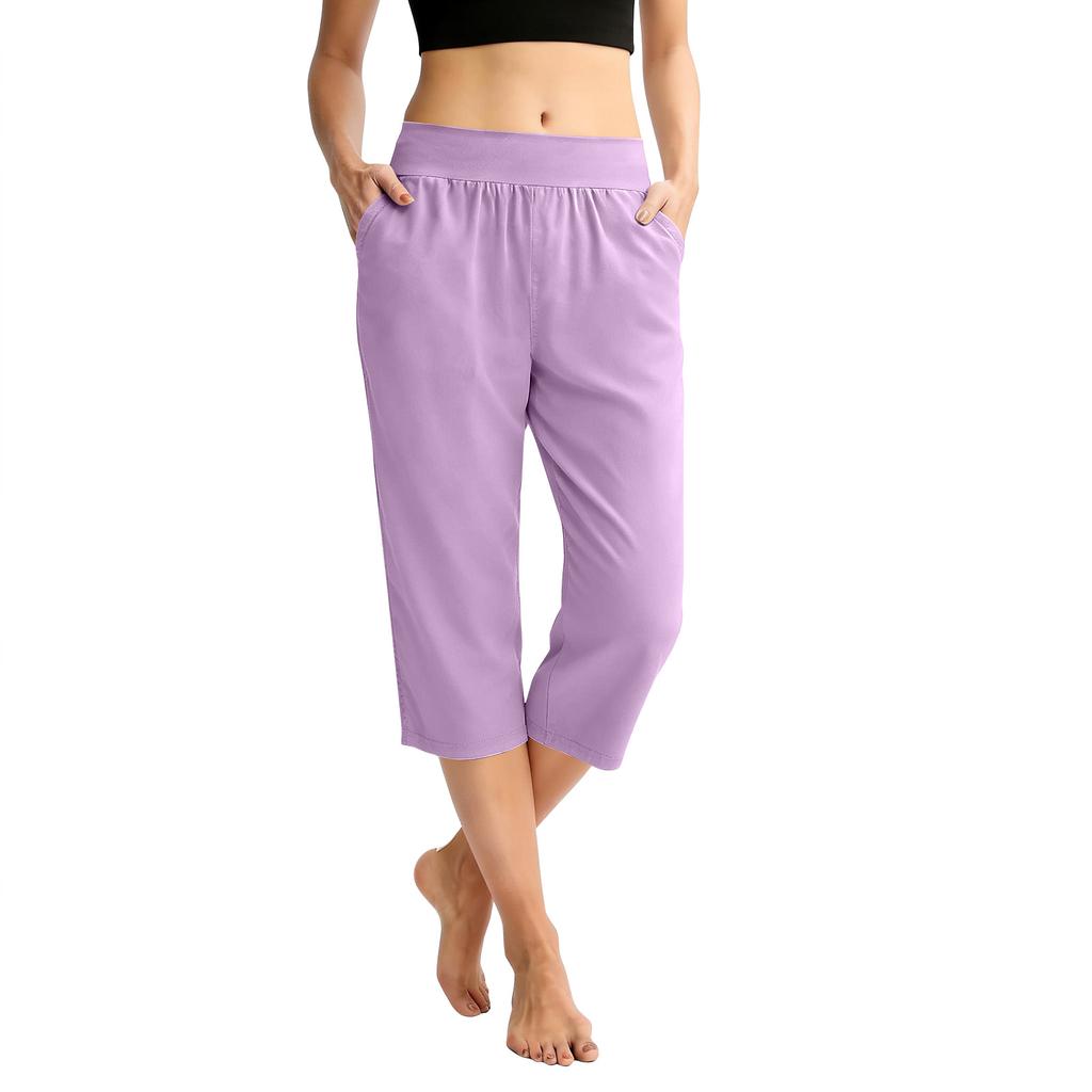 Women Elastic High Waist 3/4 Pant Casual Fit Wide Capris Leg Pants Trousers With Pockets