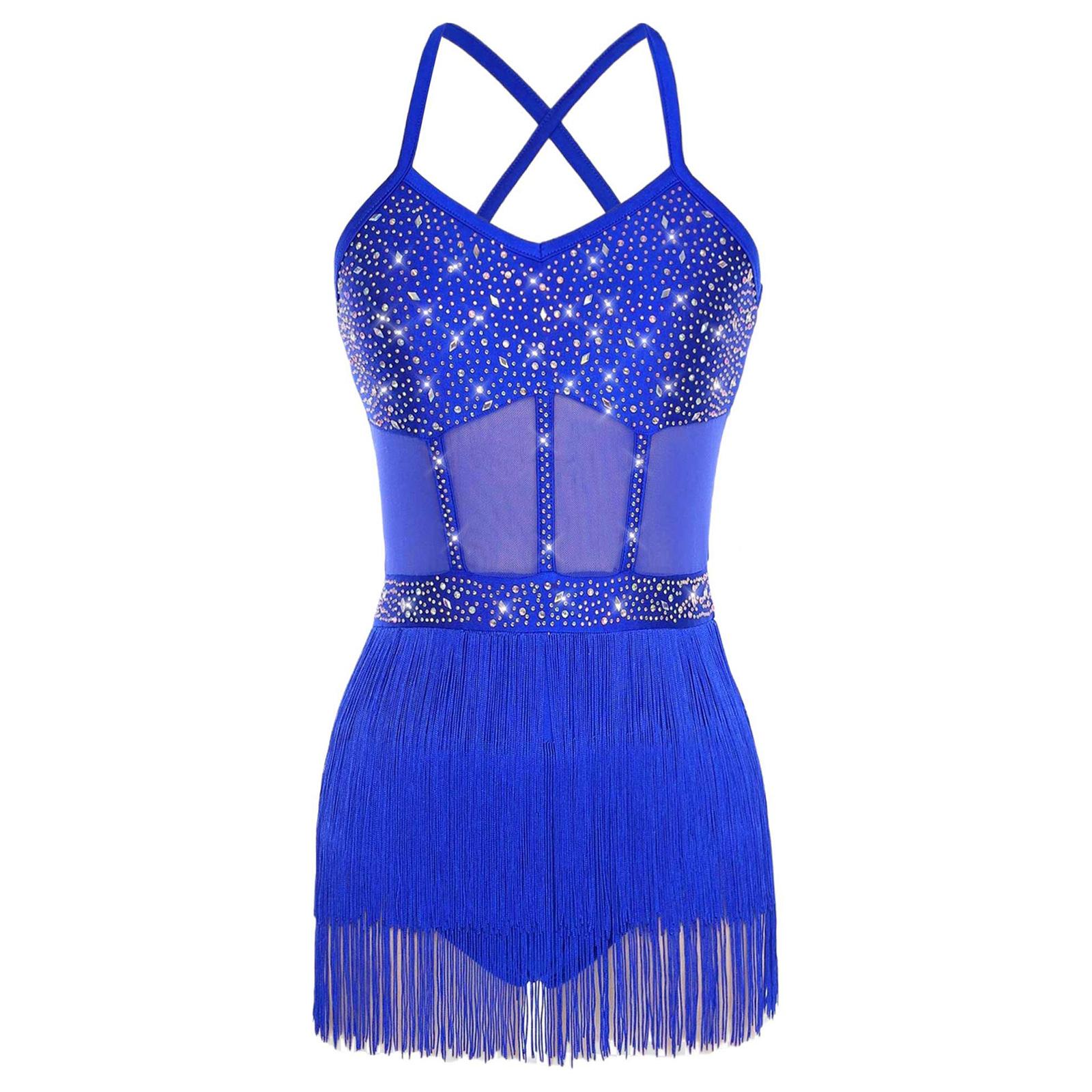 

Жіноча латиноамериканська танцювальна сукня Прозора сітка Печворк Стрази Багаторівнева Бахрома з китиць Суцільний боді M королівський синій колір