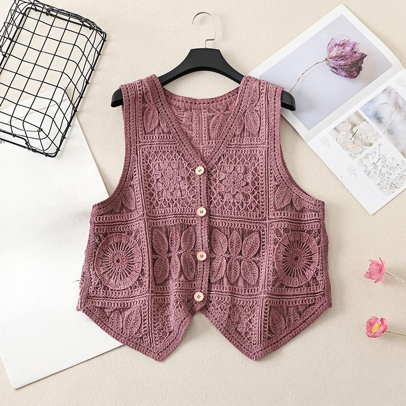 

DIMANAF 2025 Новая футболка большого размера на весну для женщин, вязаный жилет без рукавов с V-образным вырезом, ажурный стиль, базовые топы, футболки, свободная одежда One Size фиолетовый