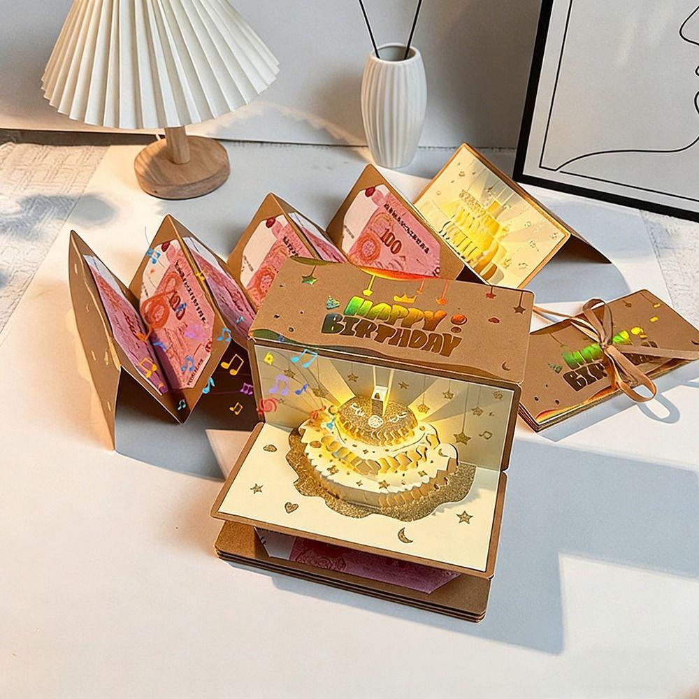 3D Pop-Up Birthday Red Envelope Greeting Card 6 Card Slots Foldable Musical Light Greeting Card Gold Red Envelope Greeting Card