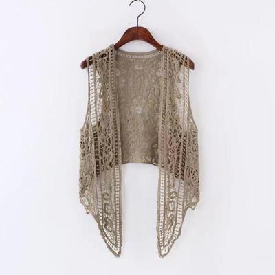 Styl Boho Hippie Letni Plażowy Asymetryczny Kardigan z Otwartym Ściegiem Szydełkowym Bez Rękawów Bluzka Kamizelka z Haftem
