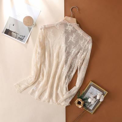 Camisa de encaje para mujer, cuello medio alto, manga larga, bordado transparente, estampado de flores de encaje