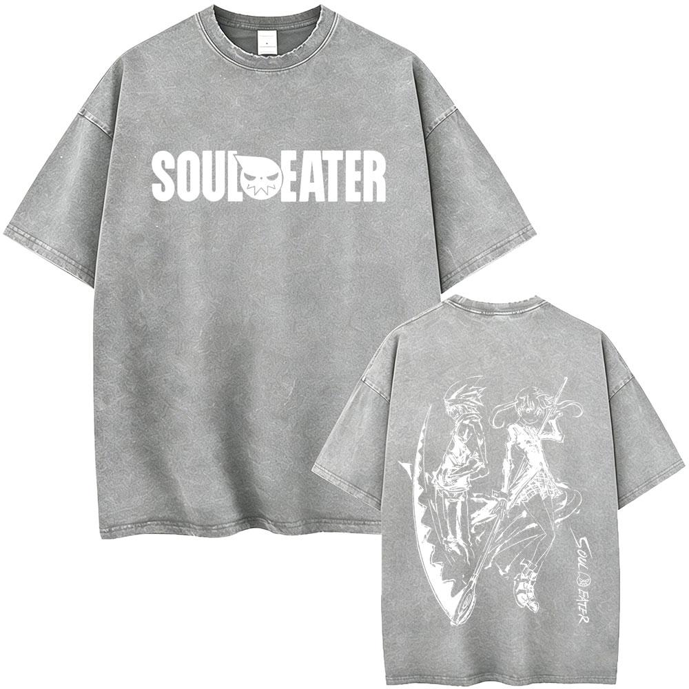 Washed Vintage Anime Soul Eater Maka Albarn Soul Evans Graphic Tshirt Mens Retro Manga T Shirts Men Cotton Oversized Tshirts