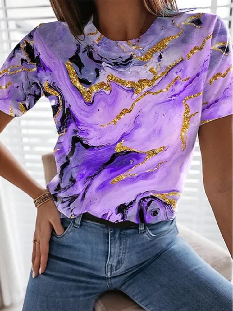 Sommar Nytt mode 3D Blomstertryck Kvinnor O-ringade T-shirts Kortärmad Casual Street Tee Lösa Kläder Kvinnliga Kläder