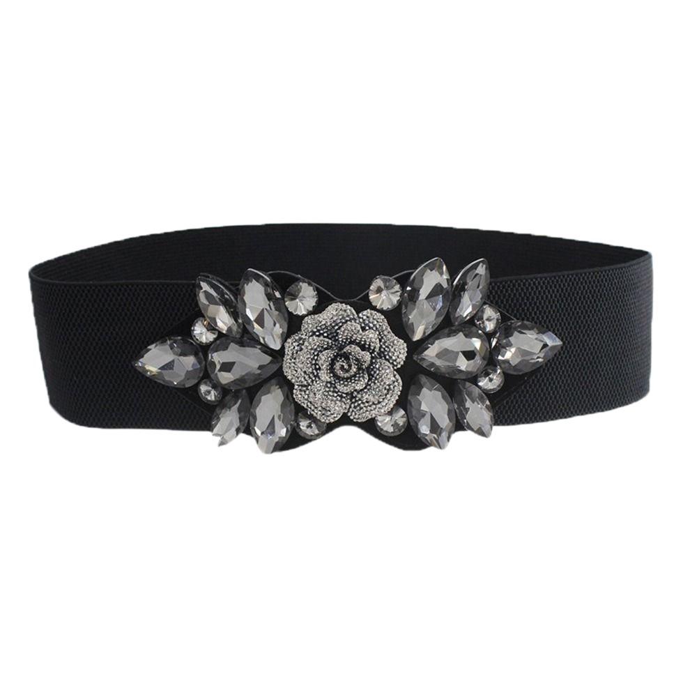 Rose Flower Women Waistband Wide Rhinestone Waist Belt Casual Elastic Cummerbunds Jacket