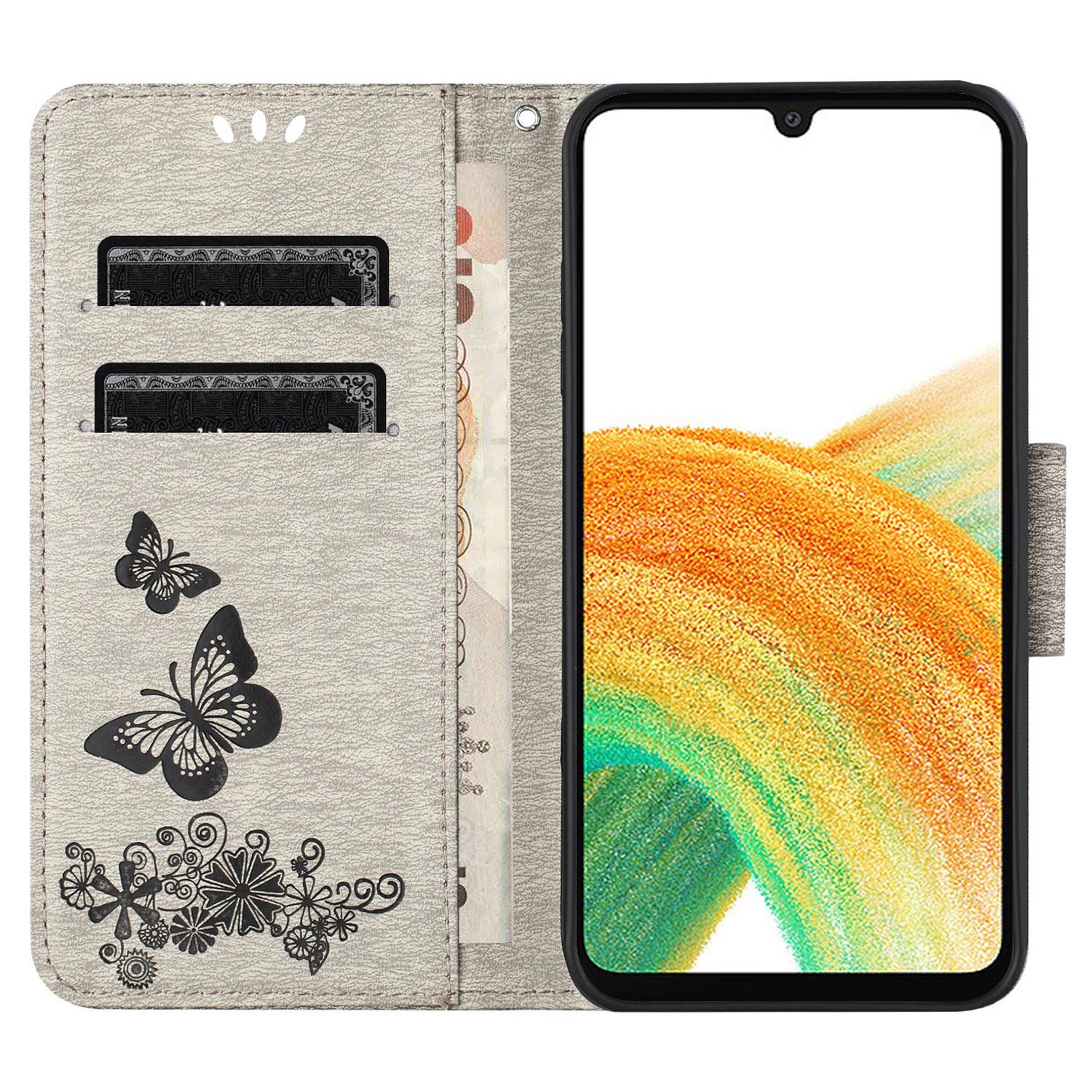 

For Samsung Galaxy A25 5G (Global) (161.0 x 76.5 x 8.3mm) PU Leather Stand Phone Cover Butterflies Flower Imprinting Phone Wallet Case Grey