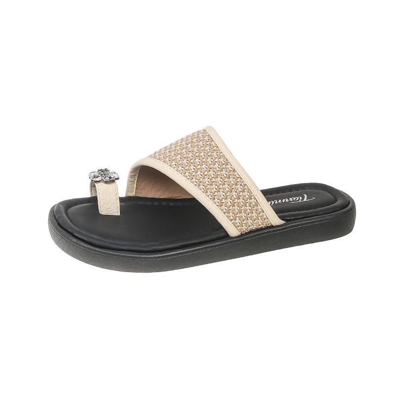 

2025 summer new fashion middle heel cover toe cool slippers rhinestone flower muffin platform slippers women s wear 35 хаки