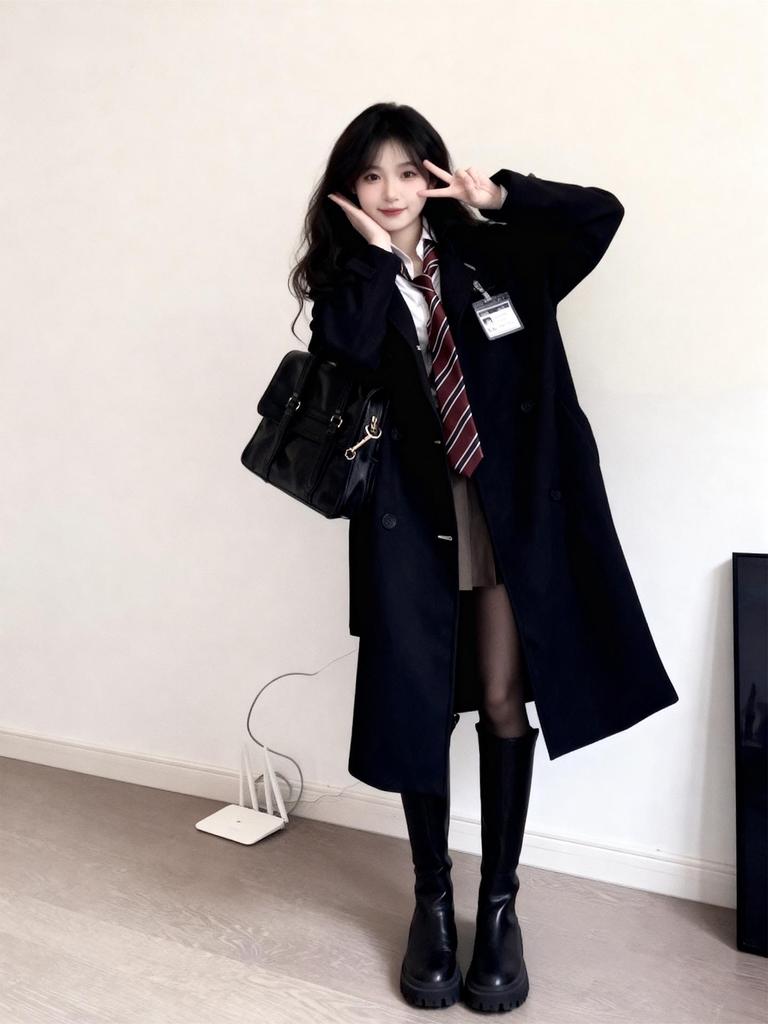 Women's Black College Style Trench Coat - Spring/Autumn 2025 Petite Mid-Length JK Uniform