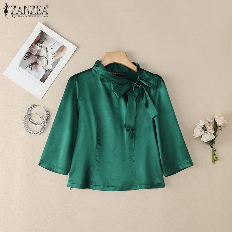 ZANZEA Damska casualowa elegancka bluzka z kołnierzykiem i kokardą, rękaw 3/4