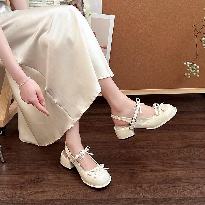 Fashion temperament retro square head sandals bow thick heel light mouth single shoes women Mary Jane high heel small leather shoes