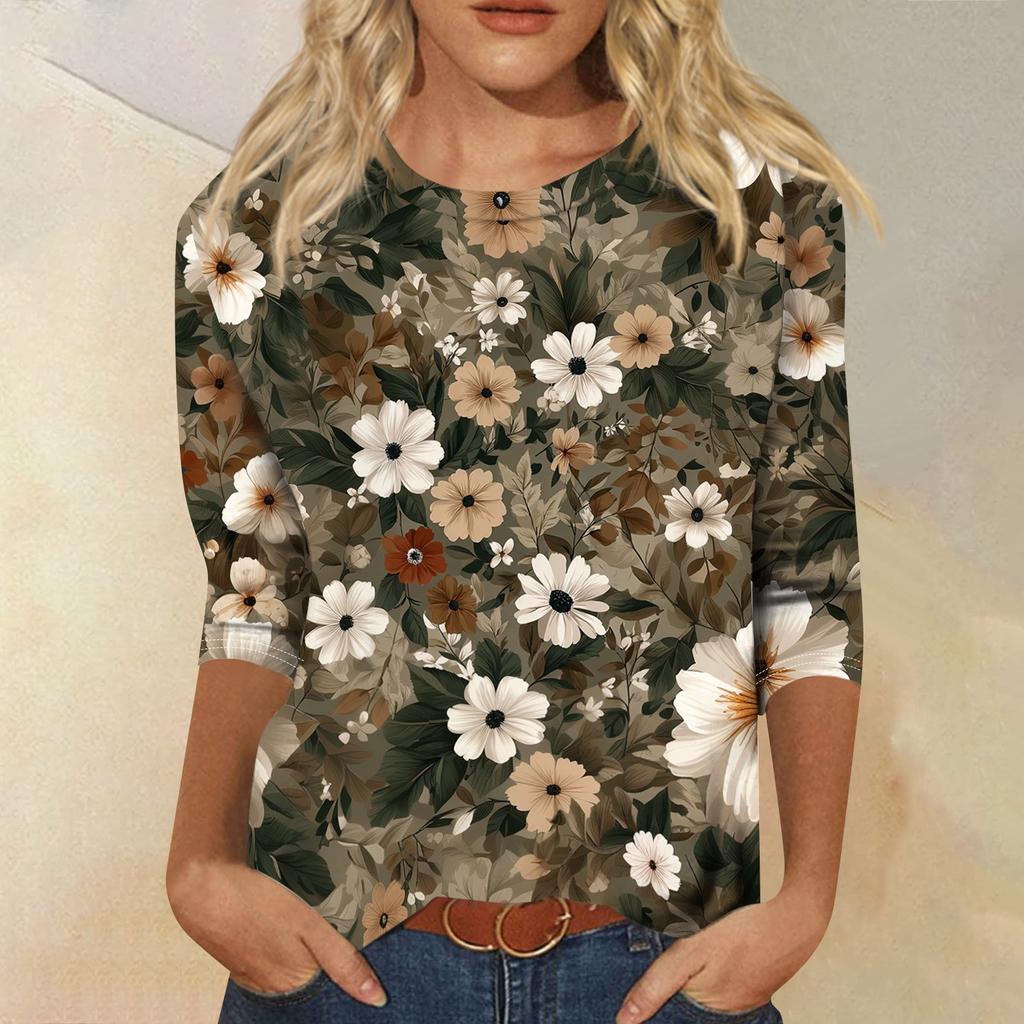 Women's Casual Round Neck Three Quarter Sleeve T Shirt Autumn Print Lightweight Soft Fabric Comfortable Fit Relaxed Style