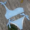 Summer Sexy Bow One Shoulder Striped Bikini Lacing Up Bandage Low Waist Swimsuit Set Two Piece Swimwear Beachwear