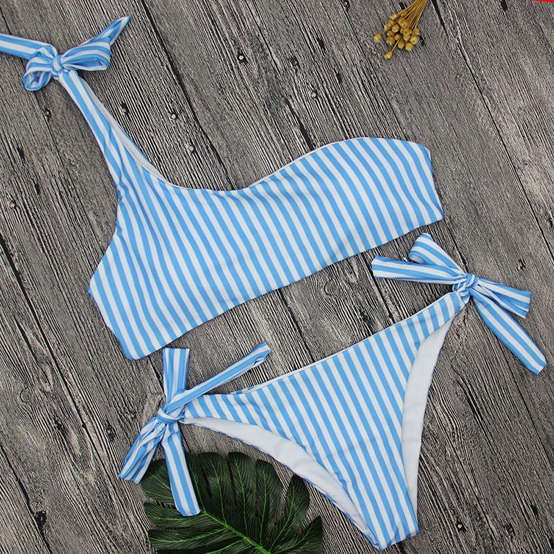 Summer Sexy Bow One Shoulder Striped Bikini Lacing Up Bandage Low Waist Swimsuit Set Two Piece Swimwear Beachwear