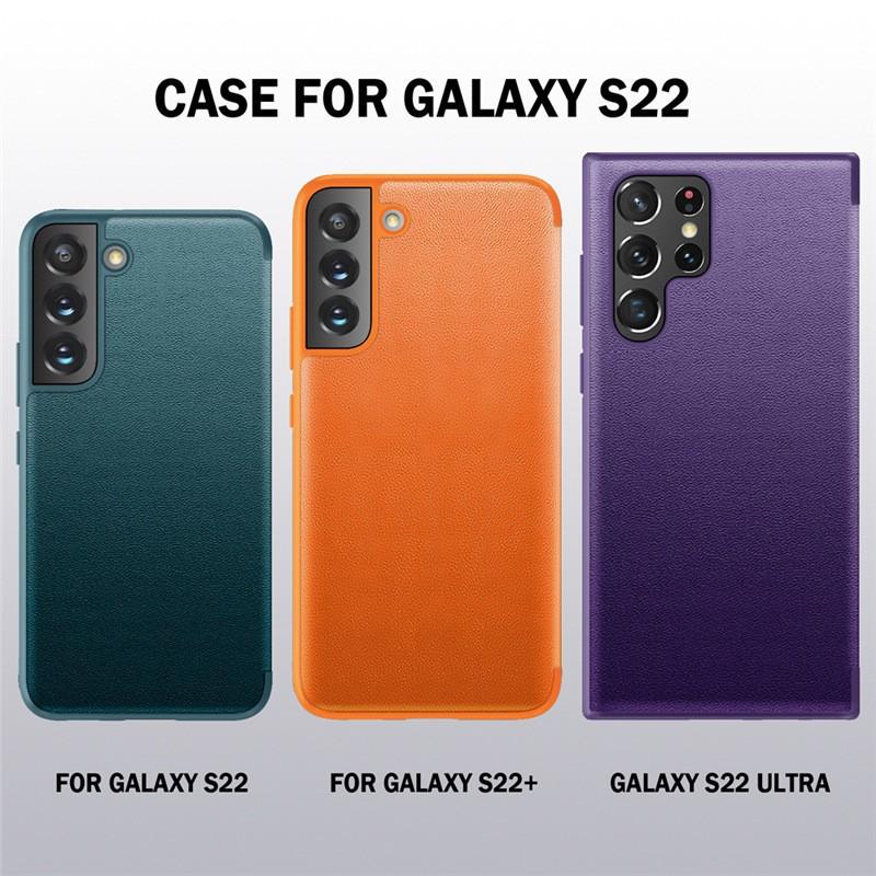Applicable To Samsung S25Ultra Mobile Phone Case Plain Leather S24 Clamshell Leather Case Note20 Side Window Anti-drop Protective Case A52