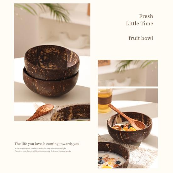 Coconut Bowl with Wood Spoon Natural Dinnerware Handmade Food Safe Bowl for Oatmeal