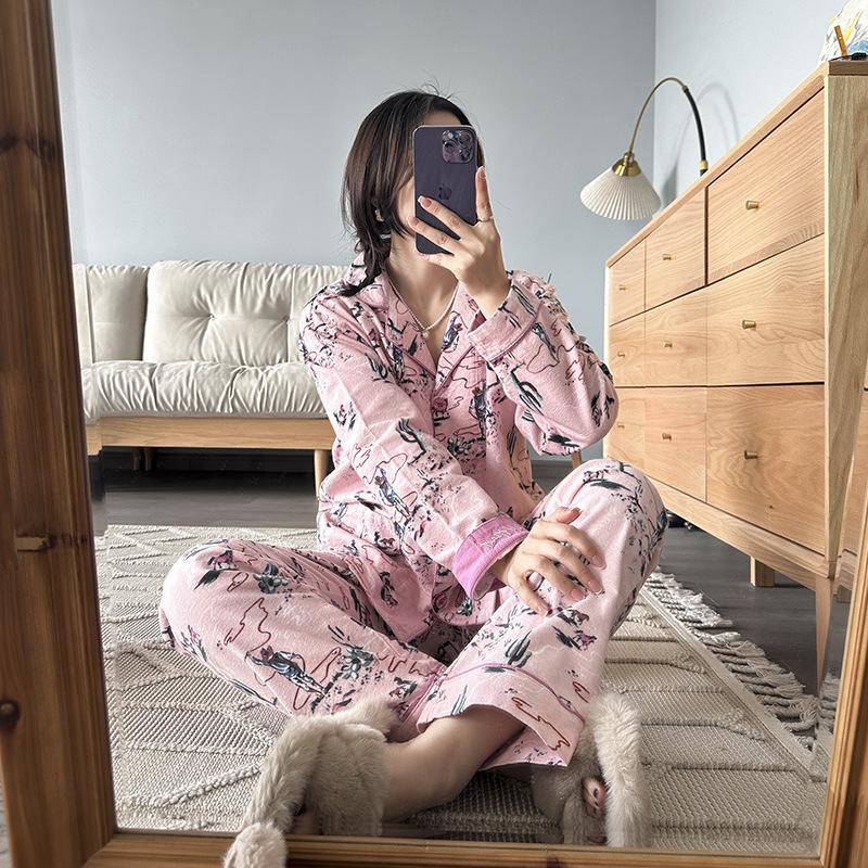 

Новая домашняя одежда женская весна-осень хлопковая пижама с длинным рукавом с цветочным принтом женская домашняя одежда из 2 предметов с рисунком кота L
