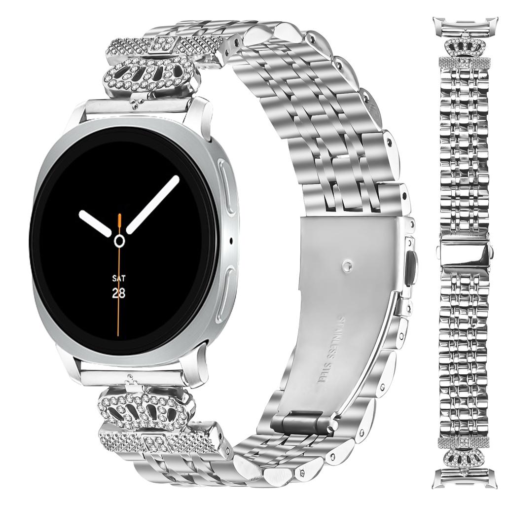Silver Watch Band with Connector for Samsung Galaxy Watch Ultra (2025) 47mm 7-Bead Rhinestone Crown Metal Strap