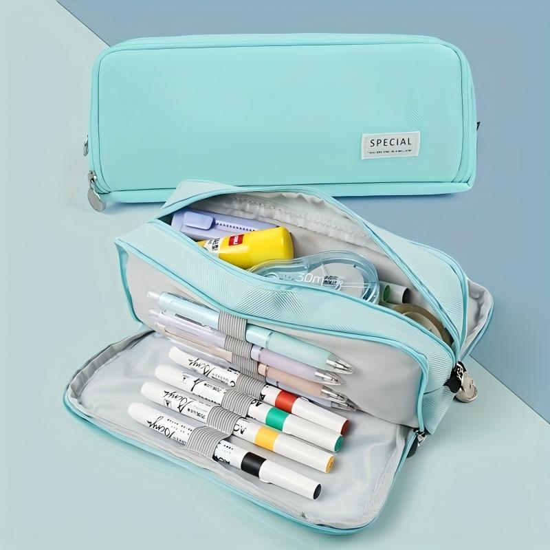 Pencil Case Large Capacity Storage Bag 3 Compartment Pouch Double Side Opened Student Stationery Box Desk Organizer Stain Resistant Stationery Bags