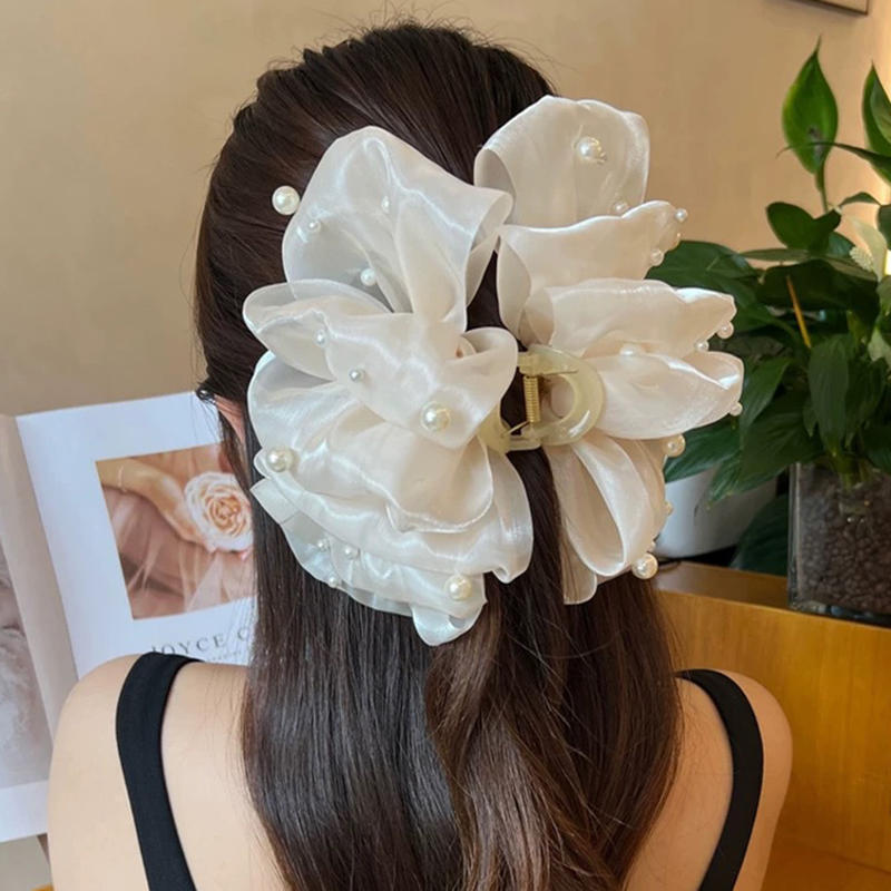 Damen Elegant Groß Chiffon Seide Haarspangen Perle Netz Blase Haarspangen für Dickes Dünnes Haar