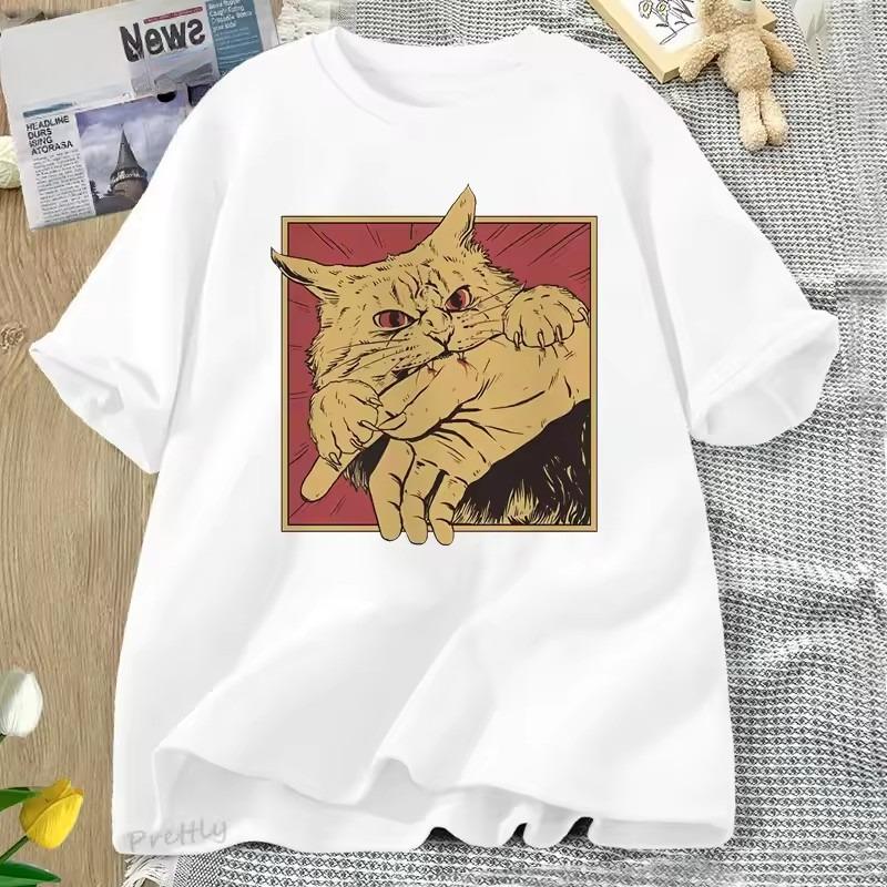 Vintage Cat Bite Cotton T Shirt Japanese Horror Retro Graphic Tee Horror Cats Crazy T Shirts Men Women Fashion Short Sleeve Tees