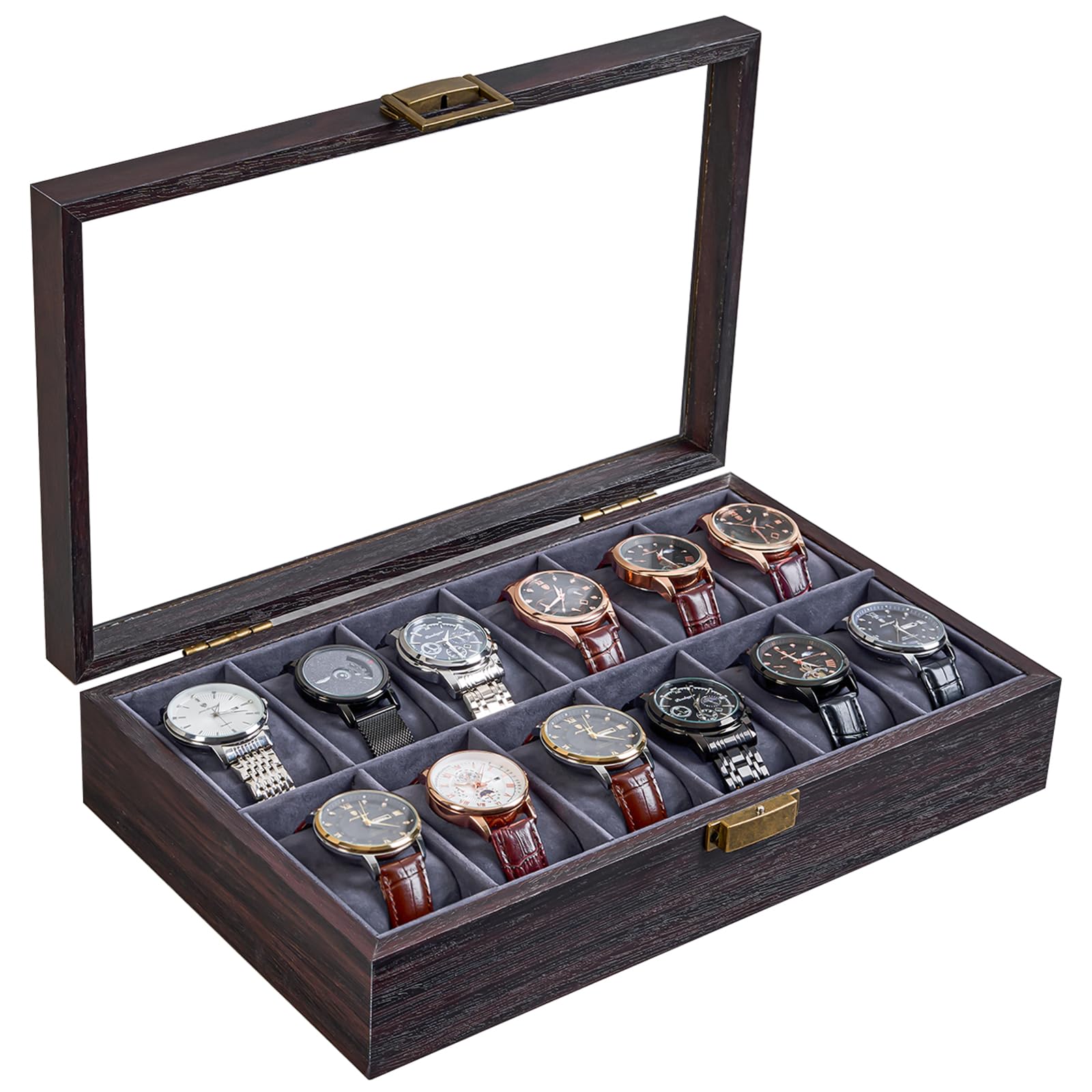 

ProCase Wooden Watch Watch Display Case with Glass Lid Men s Case, 12-Slot Box, (Espresso)