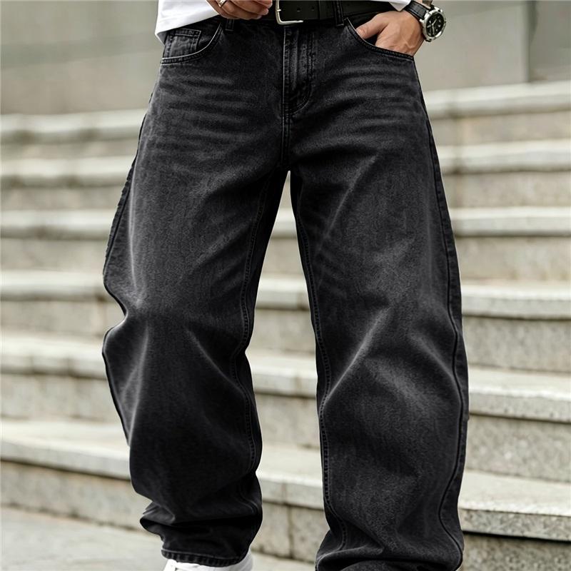Men s Loose Wide-leg Jeans, Light Gray Washed Non-stretch Denim, Multi-pocket Design L